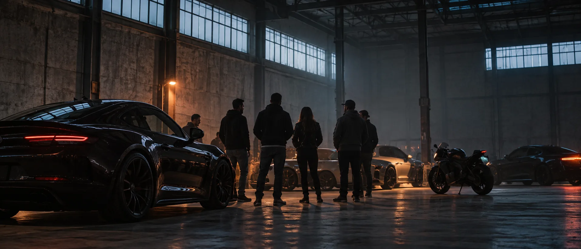Automotive community gathered with cars and a motorcycle inside an industrial space
