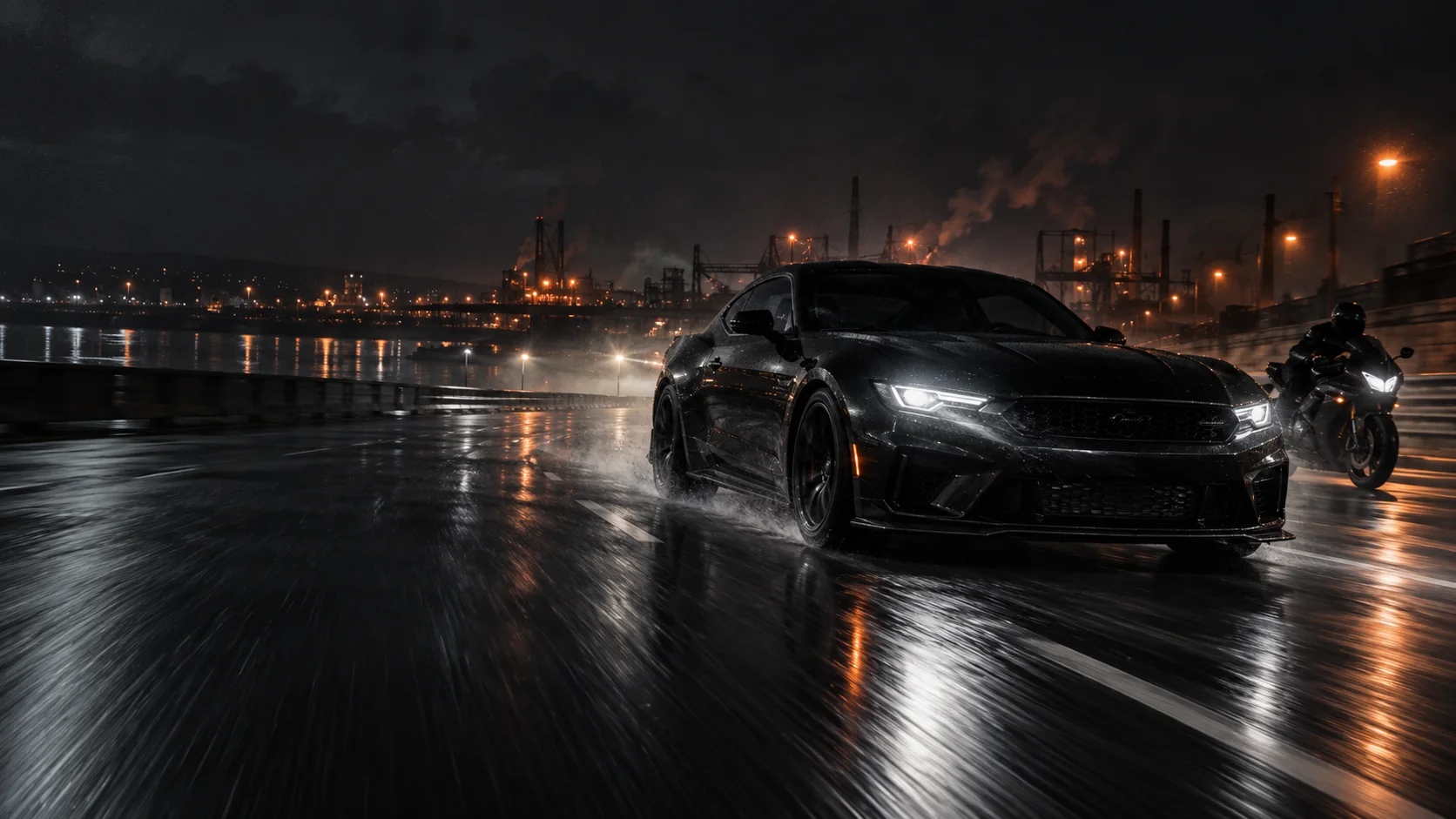 Black performance car and motorcycle driving through a cinematic industrial night